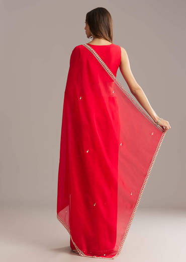 Red Silk Saree With Stone And Cutdana Embroidery
