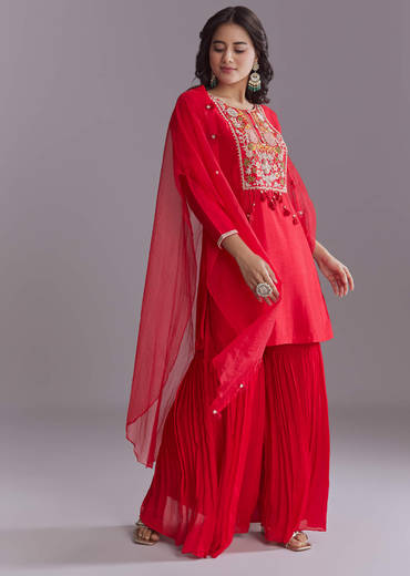 Red Silk Sharara Suit With Resham Work And Cape Dupatta