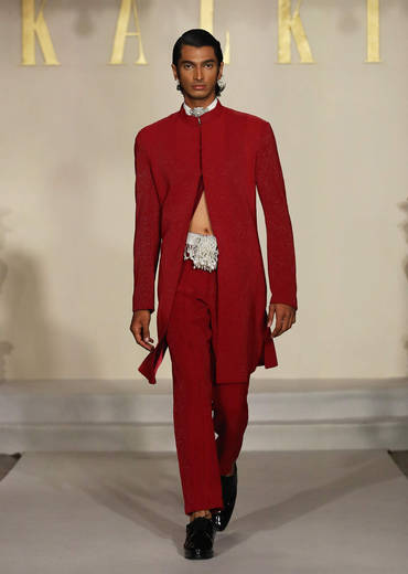 Red Silk Sherwani For Groom With Bead And Zardosi Embroidery