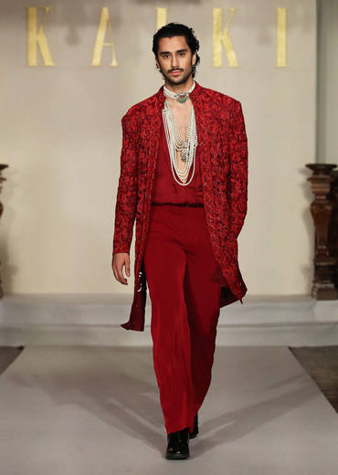 Red Silk Sherwani For Groom With Cutwork And Beads Embroidery