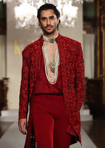 Red Silk Sherwani For Groom With Cutwork And Beads Embroidery