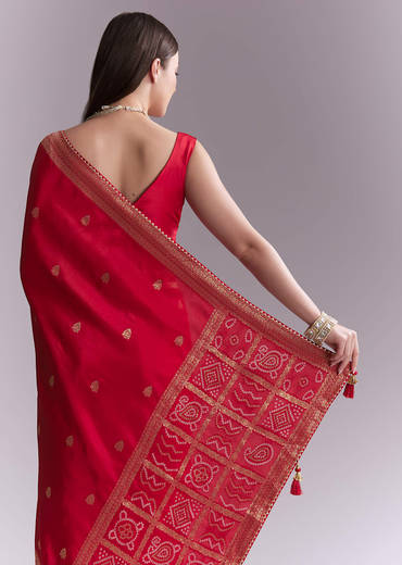 Red Silk Woven Saree With Booti Work And Bandhani Motifs