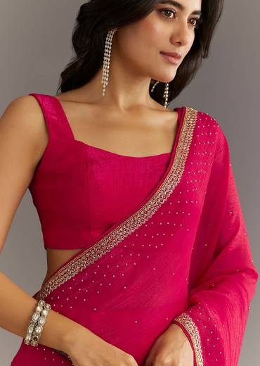 Red Stone Embellished Crushed Tissue Saree With Cutdana Embroidered Border