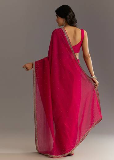 Red Stone Embellished Crushed Tissue Saree With Cutdana Embroidered Border