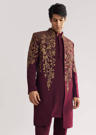 Red Suiting Indo Western With Zardosi Floral Work