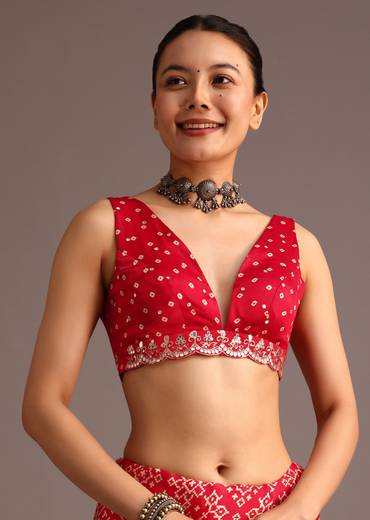 Red Traditional Ajrakh Print Satin Saree With Embellished Scallop Border And Unstitched Blouse