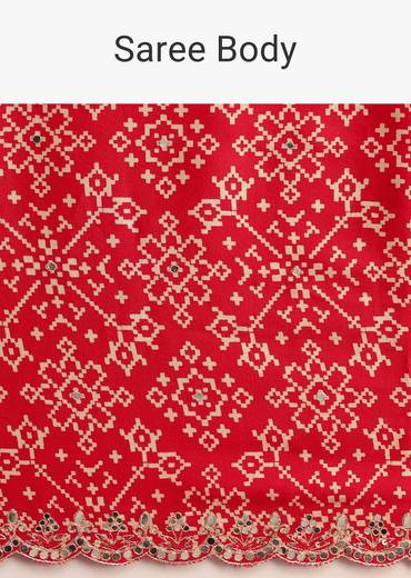 Red Traditional Ajrakh Print Satin Saree With Embellished Scallop Border And Unstitched Blouse
