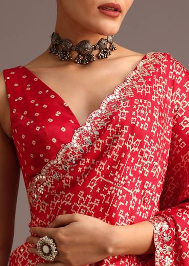 Red Traditional Ajrakh Print Satin Saree With Embellished Scallop Border And Unstitched Blouse
