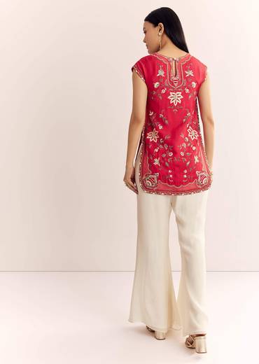 Red Viscose Raw Silk Short Kurta Set With Chinon Kali Palazzo