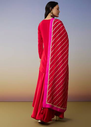 Red Viscose Satin Palazzo Suit with Zardosi Work