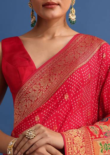 Red Banarasi Bandhani Satin Saree With Traditional Brocade Motifs On Border