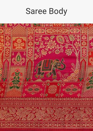 Red Banarasi Bandhani Satin Saree With Traditional Brocade Motifs On Border