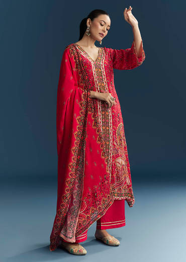 Red Crepe Printed Kurta Set