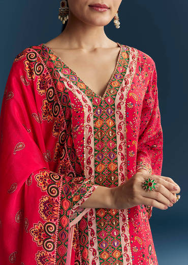 Red Crepe Printed Kurta Set