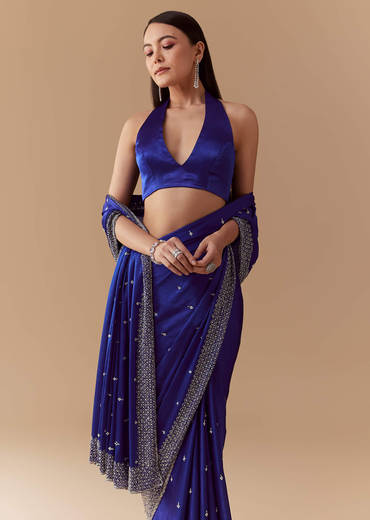 Royal Blue Mirror Embellished Saree with Unstitched Blouse