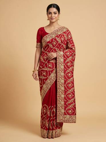 Ruby Brocade Red Embroidered Saree