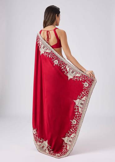 Ruby Red Draped Saree With HevaOrnate Border