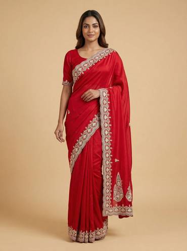 Ruby Red Embroidered Saree