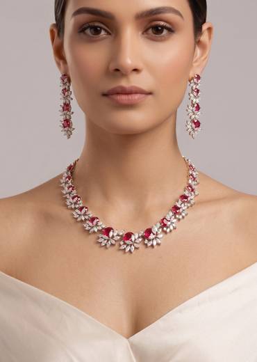 Ruby Red Stone Silver Cluster Necklace Set