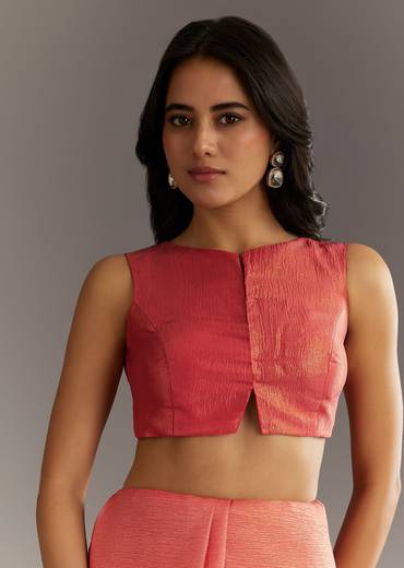 Rush Peach Crushed Tissue Saree With Scallop Embroidered Border