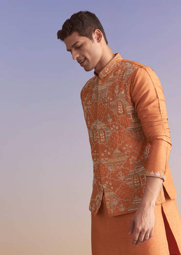 Rust Banarasi Silk Kurta Jacket Set For Men With Embroidery