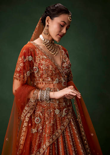 Rust Bridal Raw Silk Embellished Lehenga Set with Two Dupattas