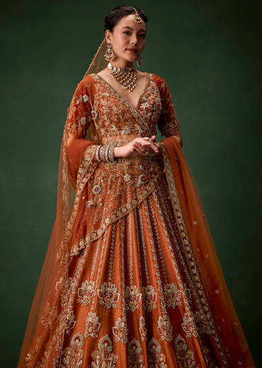 Rust Bridal Raw Silk Embellished Lehenga Set with Two Dupattas