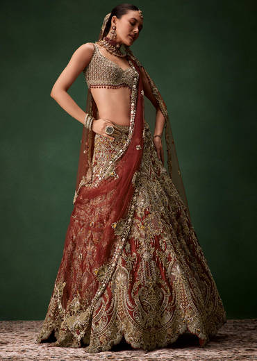Rust Bridal Silk Embellished Lehenga Set with  Two Dupattas