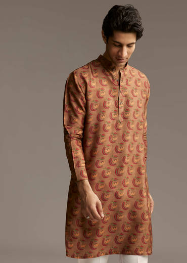 Rust Brown Designer Kurta For Men With Traditional Crescent Motif Print
