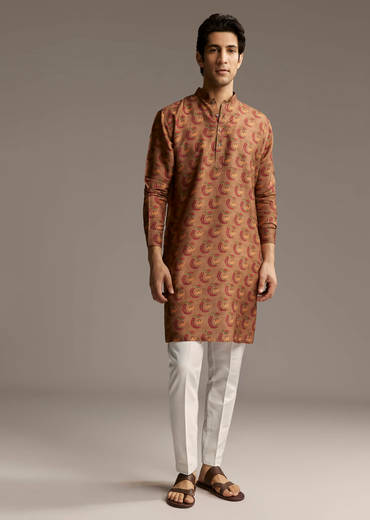 Rust Brown Designer Kurta For Men With Traditional Crescent Motif Print