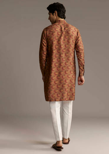 Rust Brown Designer Kurta For Men With Traditional Crescent Motif Print