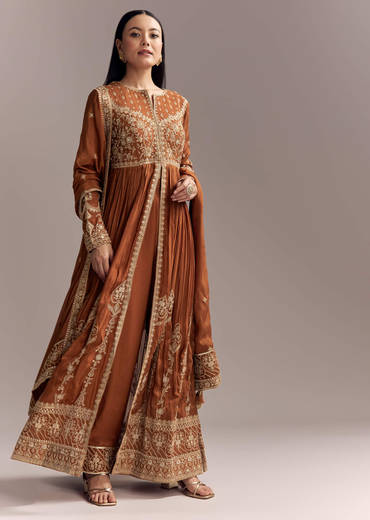 Rust Chinon Anarkali Suit With Heavy Embroidery