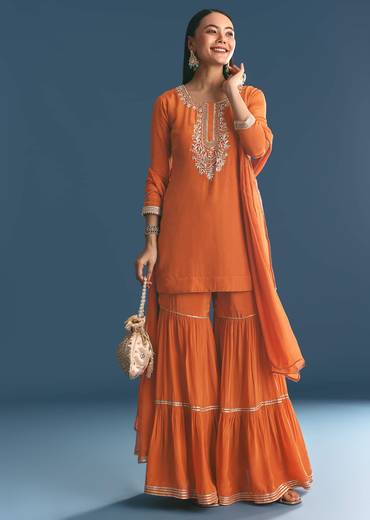 Rust Crepe Kurta Sharara Suit With Zardosi And Sequins Dupatta