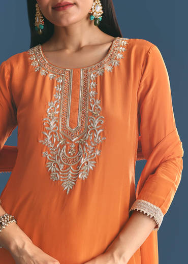 Rust Crepe Kurta Sharara Suit With Zardosi And Sequins Dupatta