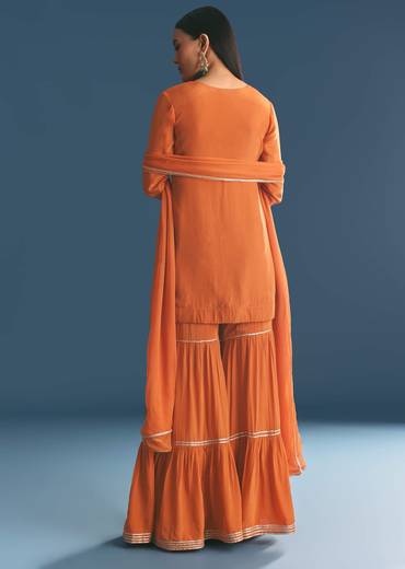 Rust Crepe Kurta Sharara Suit With Zardosi And Sequins Dupatta