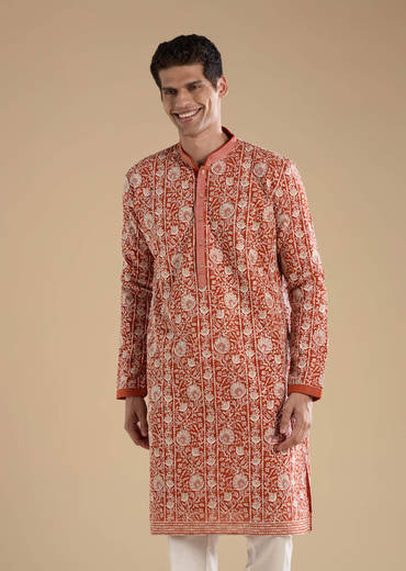 Rust Embroidered Silk Kurta Set with Dupatta