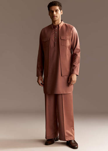 Rust Kurta Jacket Set With Palazzo Pants