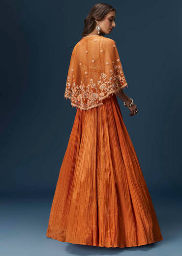 Rust Orange Embroidered Lehenga With Dramatic Cape And Blouse