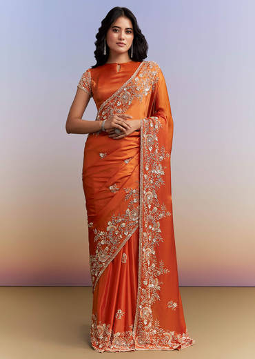 Rust Orange Satin Saree With Heavy Hand Embroidery