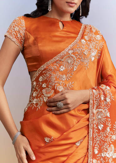 Rust Orange Satin Saree With Heavy Hand Embroidery