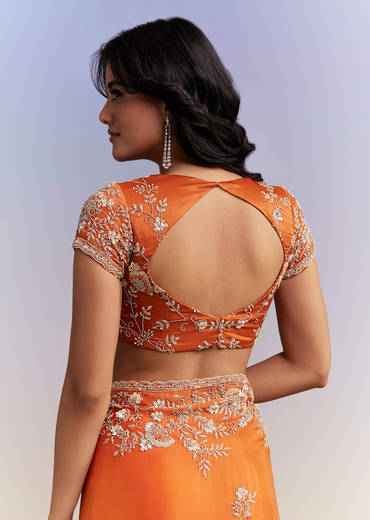 Rust Orange Satin Saree With Heavy Hand Embroidery
