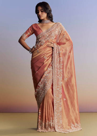 Rust Orange Tissue Saree With Floral Embroidery In Cutdana Sequins And Beads