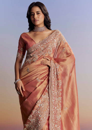 Rust Orange Tissue Saree With Floral Embroidery In Cutdana Sequins And Beads
