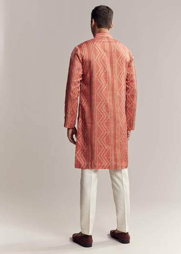 Rust Red Silk Kurta Set For Men With Embroidery