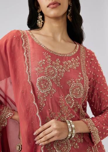 Rust Silk Sequinned Sharara Suit Set