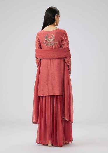 Rust Silk Sequinned Sharara Suit Set