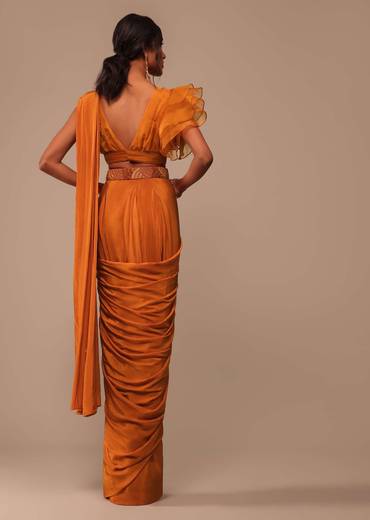 Rust Orange Pre Drape Saree With Fancy Ruffle Blouse And Embroidered Belt