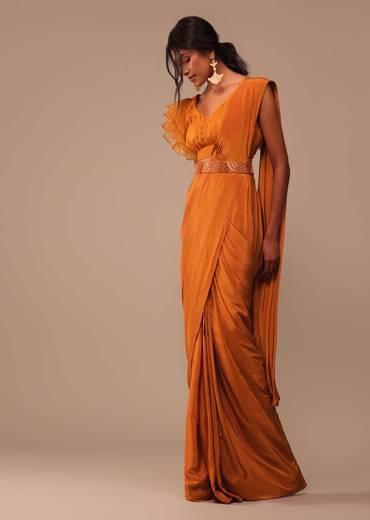 Rust Orange Pre Drape Saree With Fancy Ruffle Blouse And Embroidered Belt