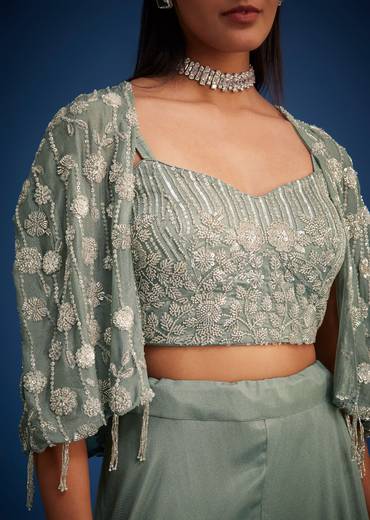 Sage Green Georgette Embroidered Cape Palazzo Set