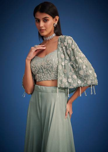Sage Green Georgette Embroidered Cape Palazzo Set